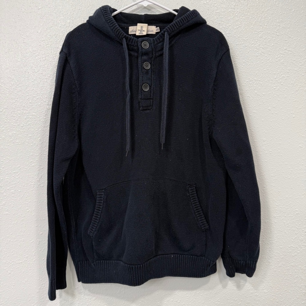 LOGG H M Mens Navy Blue Knit Hoodie‎ Pullover Button Neck Pouch Pocket Size L